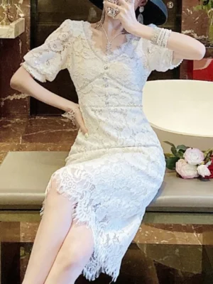 Ladies Elegant Lace Hollow Out Dress Women Slim Fit French Vintage Shiny Diamonds Dresses Sexy Crystal Party Vestido De Mujer