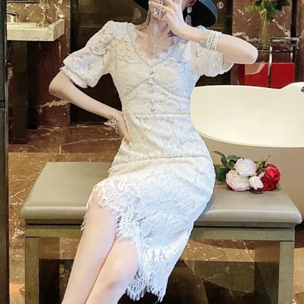 Ladies Elegant Lace Hollow Out Dress Women Slim Fit French Vintage Shiny Diamonds Dresses Sexy Crystal Party Vestido De Mujer