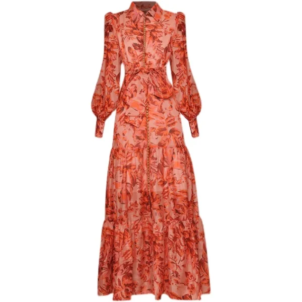 DIDACHARM High Quality Long Dress Fashion Spring New Women'S Vintage Elegant Lapel Long Sleeve Button Printing Party Dresses