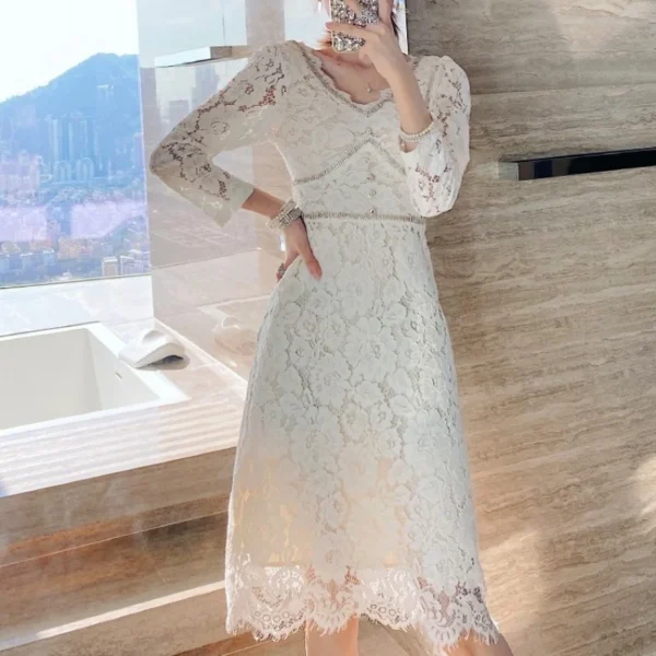 Ladies Elegant Lace Hollow Out Dress Women Slim Fit French Vintage Shiny Diamonds Dresses Sexy Crystal Party Vestido De Mujer