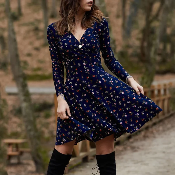 Elegant Vintage Floral Print Swing Midi Dress: Retro High Waist, Long Sleeve, Party & Dating