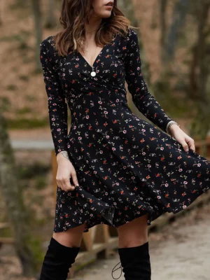 Elegant Vintage Floral Print Swing Midi Dress: Retro High Waist, Long Sleeve, Party & Dating