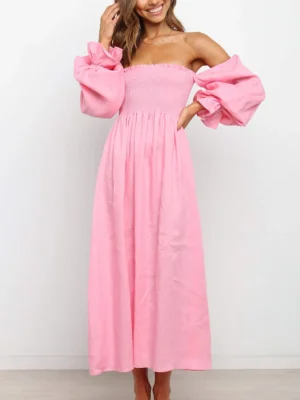 Summer Dress Women Puff Short Sleeve Solid Pink Slash Neck Split Sexy Long Dresses Casual Elegant Beach Vestidos Robe 2024