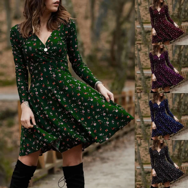 Elegant Vintage Floral Print Swing Midi Dress: Retro High Waist, Long Sleeve, Party & Dating