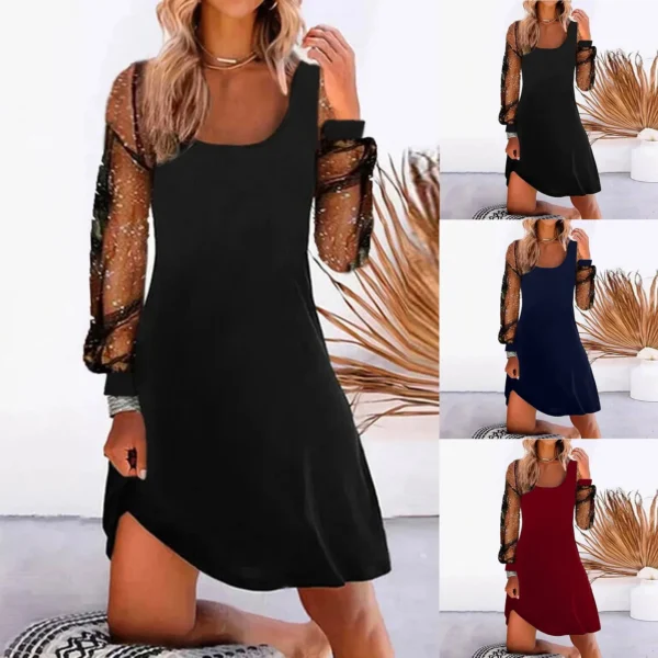 Elegant Mesh Printed Long Sleeve Dress for Spring & Summer