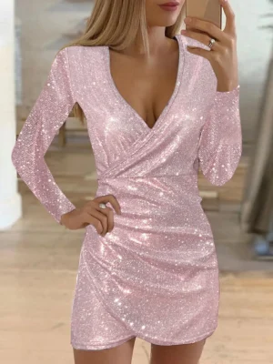 Women Summer Dress Sexy V-neck Package Hip Irregular Sequins long sleeve Woman Dresses clothing Vestidos New Year Night Dress