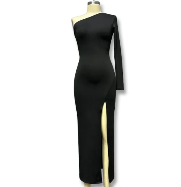 Elegant Women's Party Dresses Sexy One Shoulder Long Sleeve Tight High Waist Basic Versatile Minimalist Split Black Long Dresses