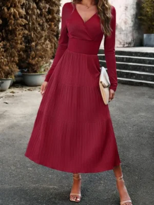 French Elegant Women's Dresses Autumn Casual V-Neck High Waisted Knitted Splicing Daily Commuter Long Sleeve Elegant Long Dress